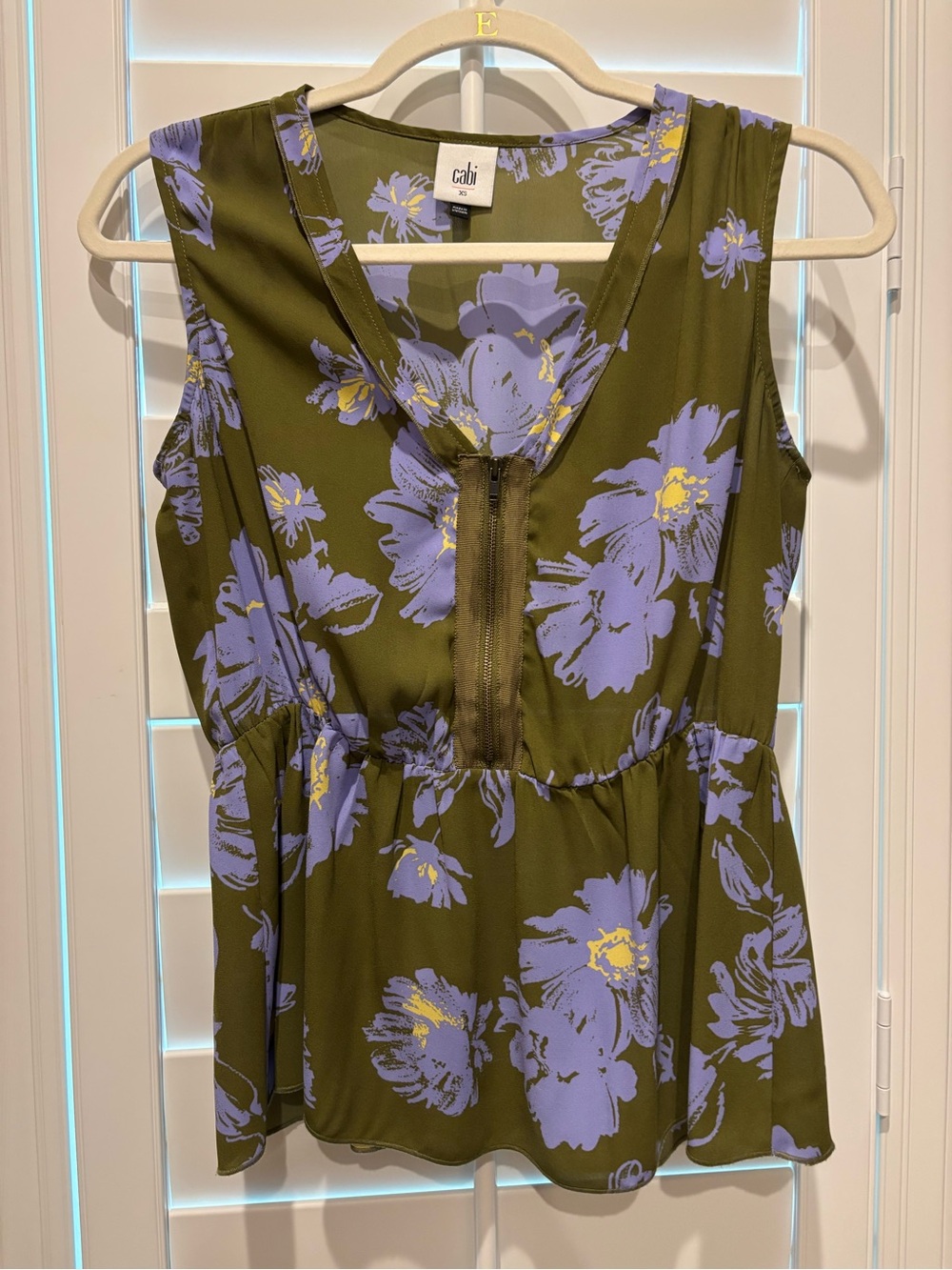 Cabi Olive Green Floral Sleeveless Peplum top